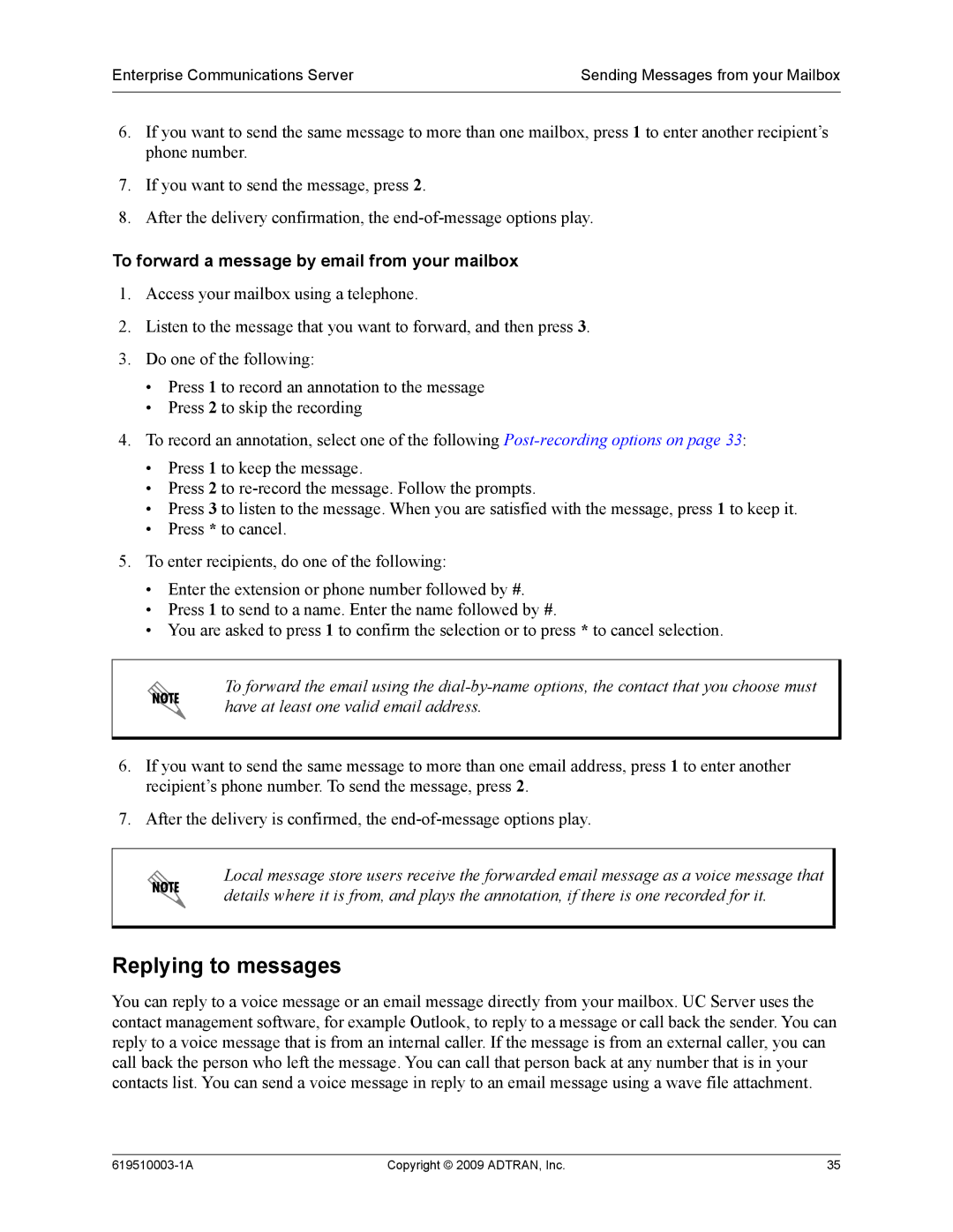 ADTRAN 619510003-1A manual Replying to messages, To forward a message by email from your mailbox 