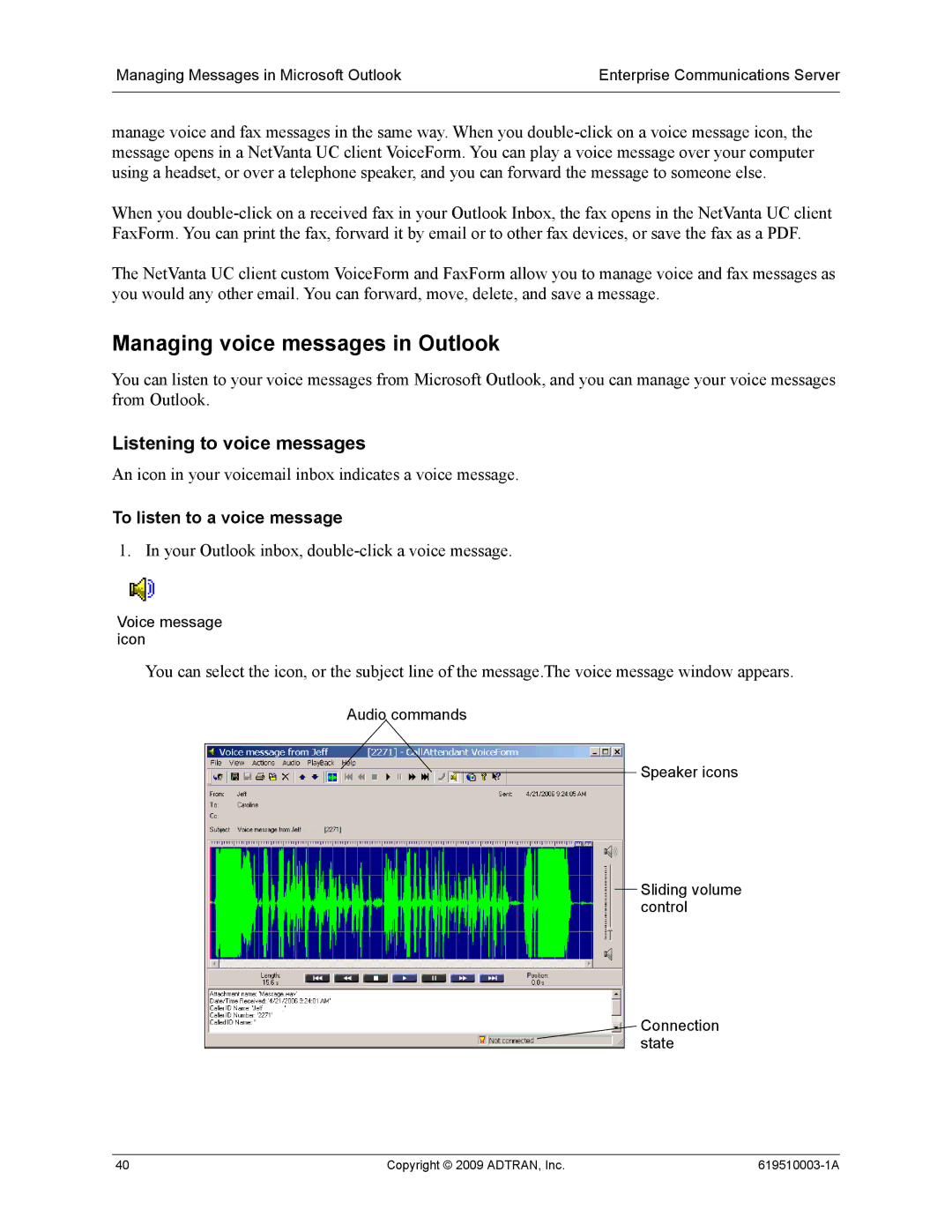 ADTRAN 619510003-1A manual Managing voice messages in Outlook, Listening to voice messages, To listen to a voice message 