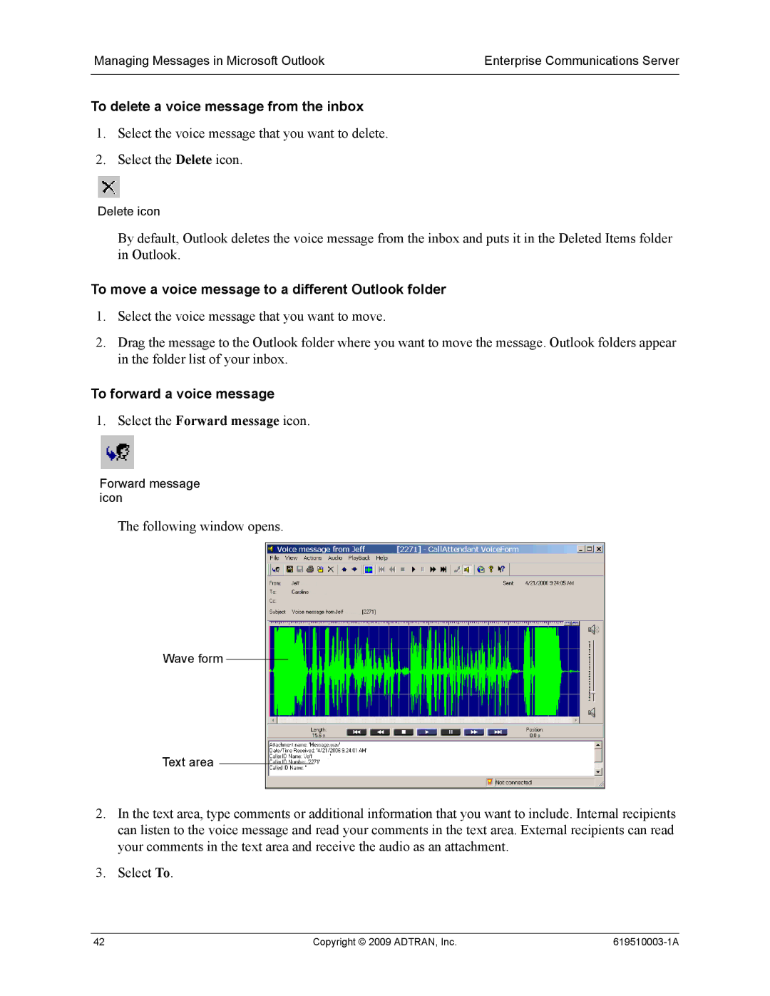 ADTRAN 619510003-1A manual To delete a voice message from the inbox, To move a voice message to a different Outlook folder 