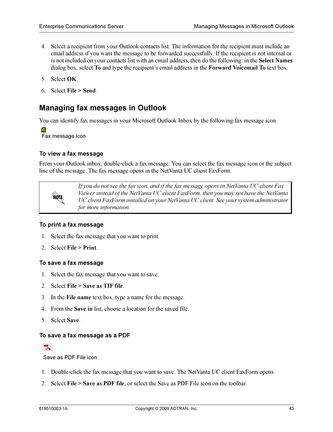 ADTRAN 619510003-1A Managing fax messages in Outlook, To view a fax message, To print a fax message, To save a fax message 