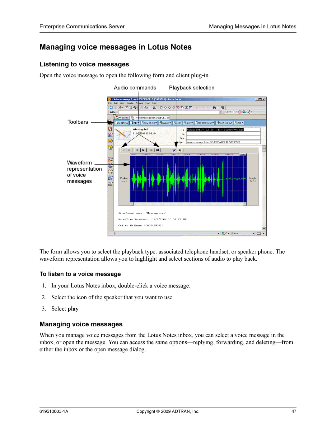 ADTRAN 619510003-1A manual Managing voice messages in Lotus Notes, Listening to voice messages 