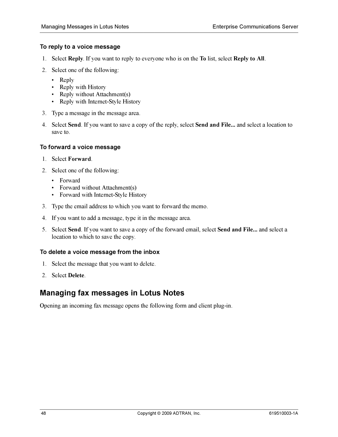 ADTRAN 619510003-1A manual Managing fax messages in Lotus Notes, To reply to a voice message 