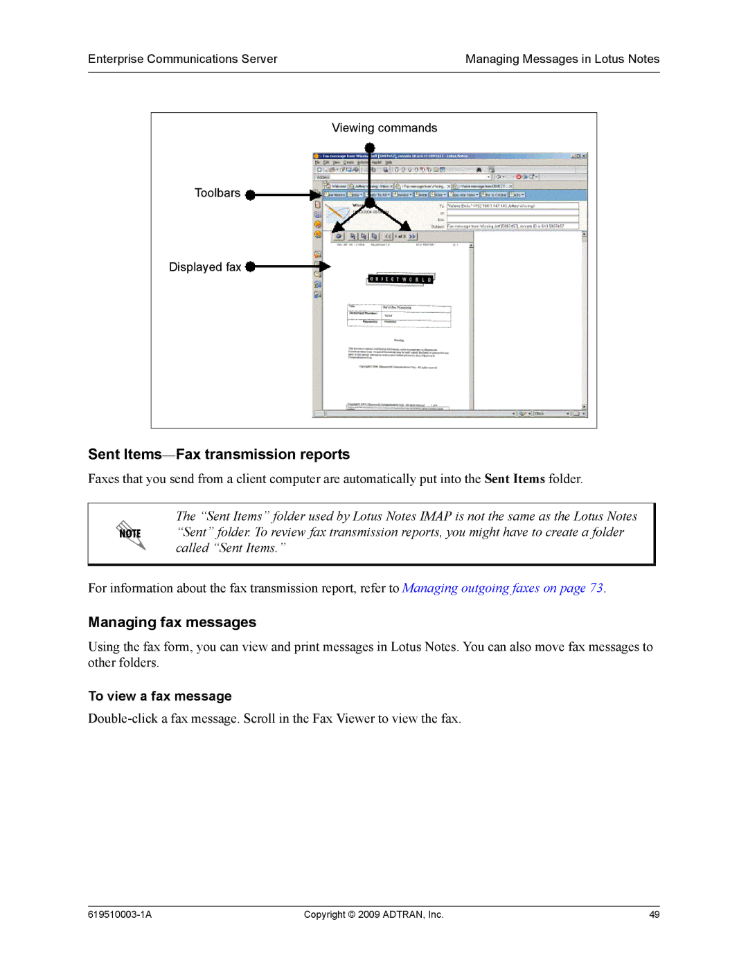 ADTRAN 619510003-1A manual Sent Items-Fax transmission reports, Managing fax messages 