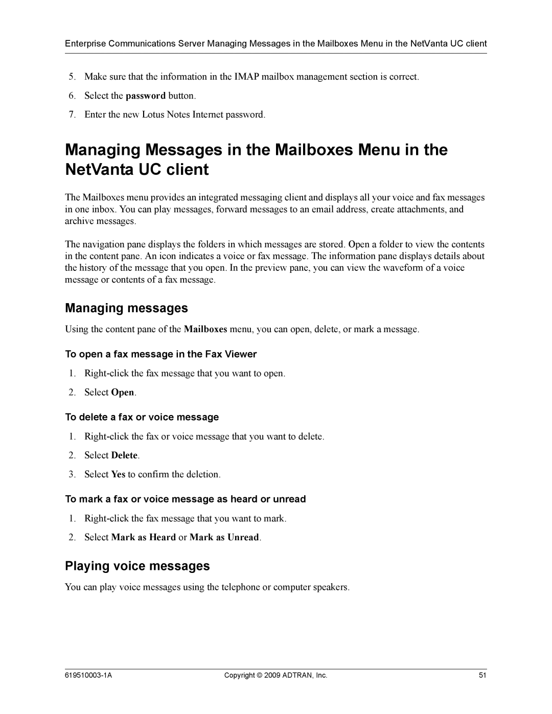 ADTRAN 619510003-1A manual Managing messages, Playing voice messages, To open a fax message in the Fax Viewer 