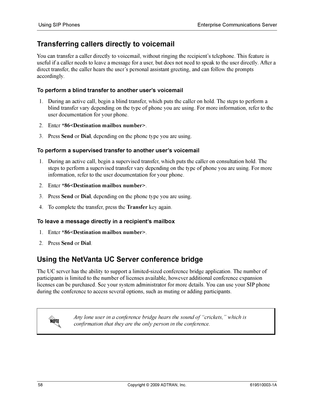 ADTRAN 619510003-1A manual Transferring callers directly to voicemail, Using the NetVanta UC Server conference bridge 