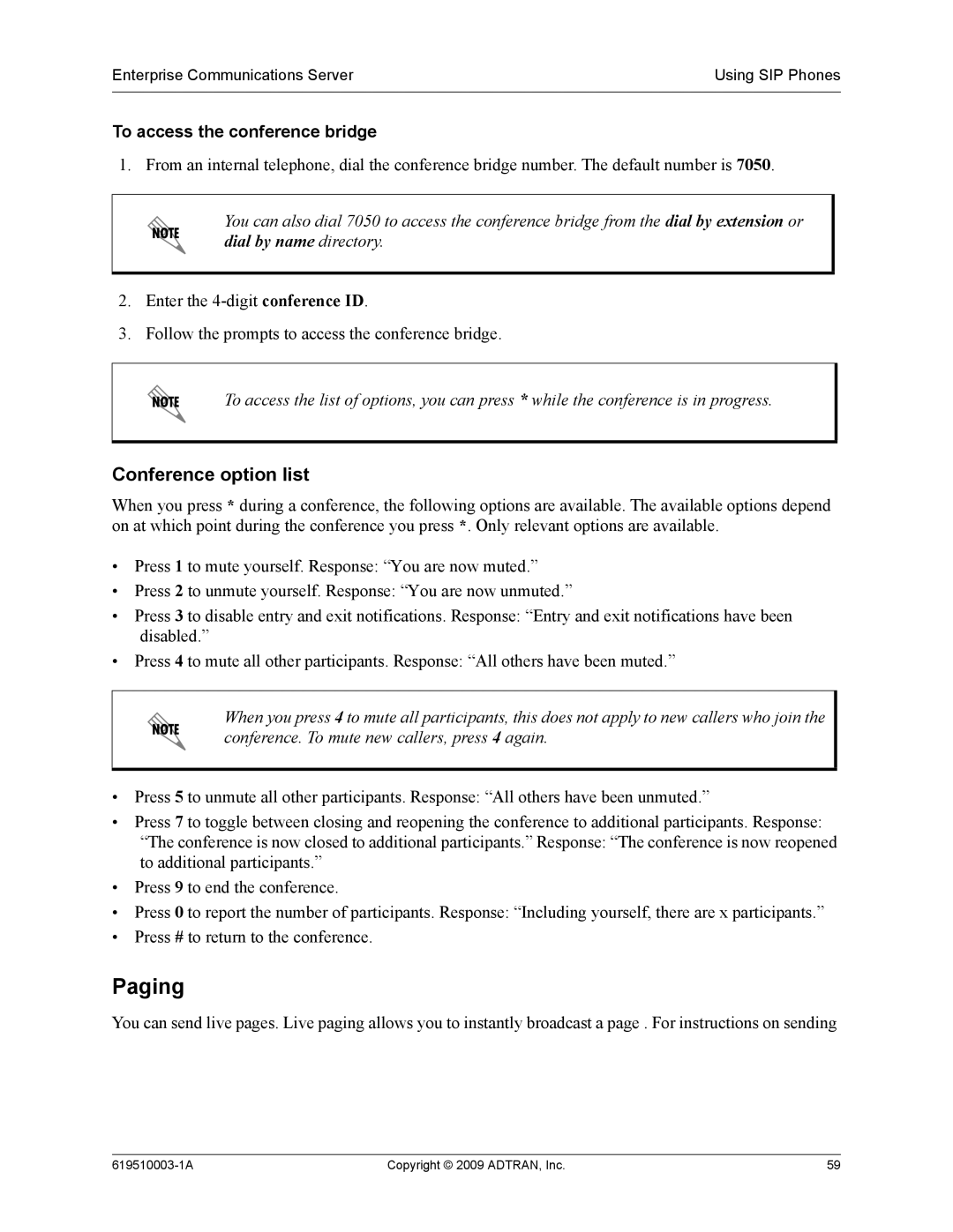 ADTRAN 619510003-1A manual Paging, Conference option list, To access the conference bridge 