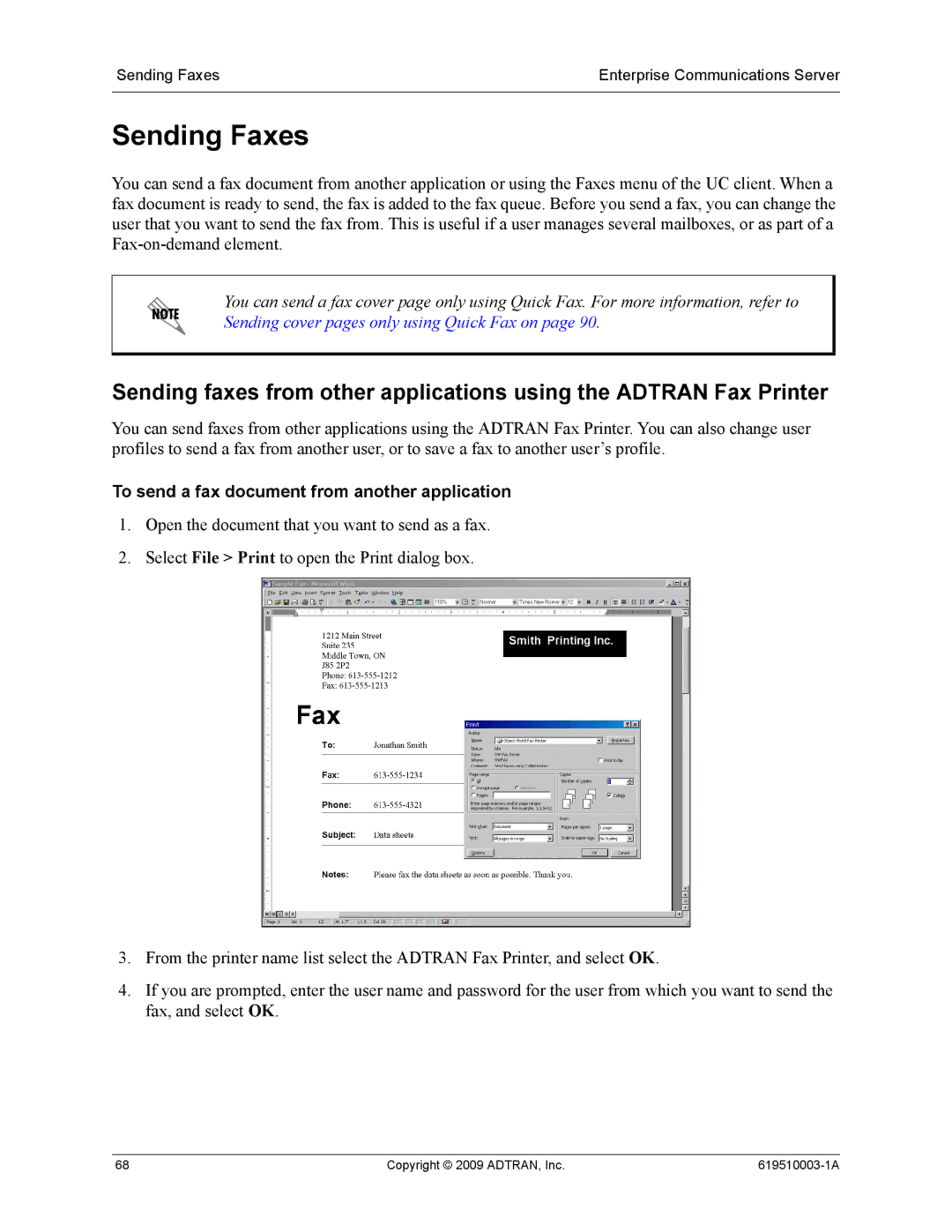 ADTRAN 619510003-1A manual Sending Faxes, To send a fax document from another application 