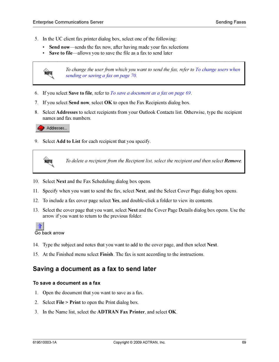 ADTRAN 619510003-1A manual Saving a document as a fax to send later, To save a document as a fax 