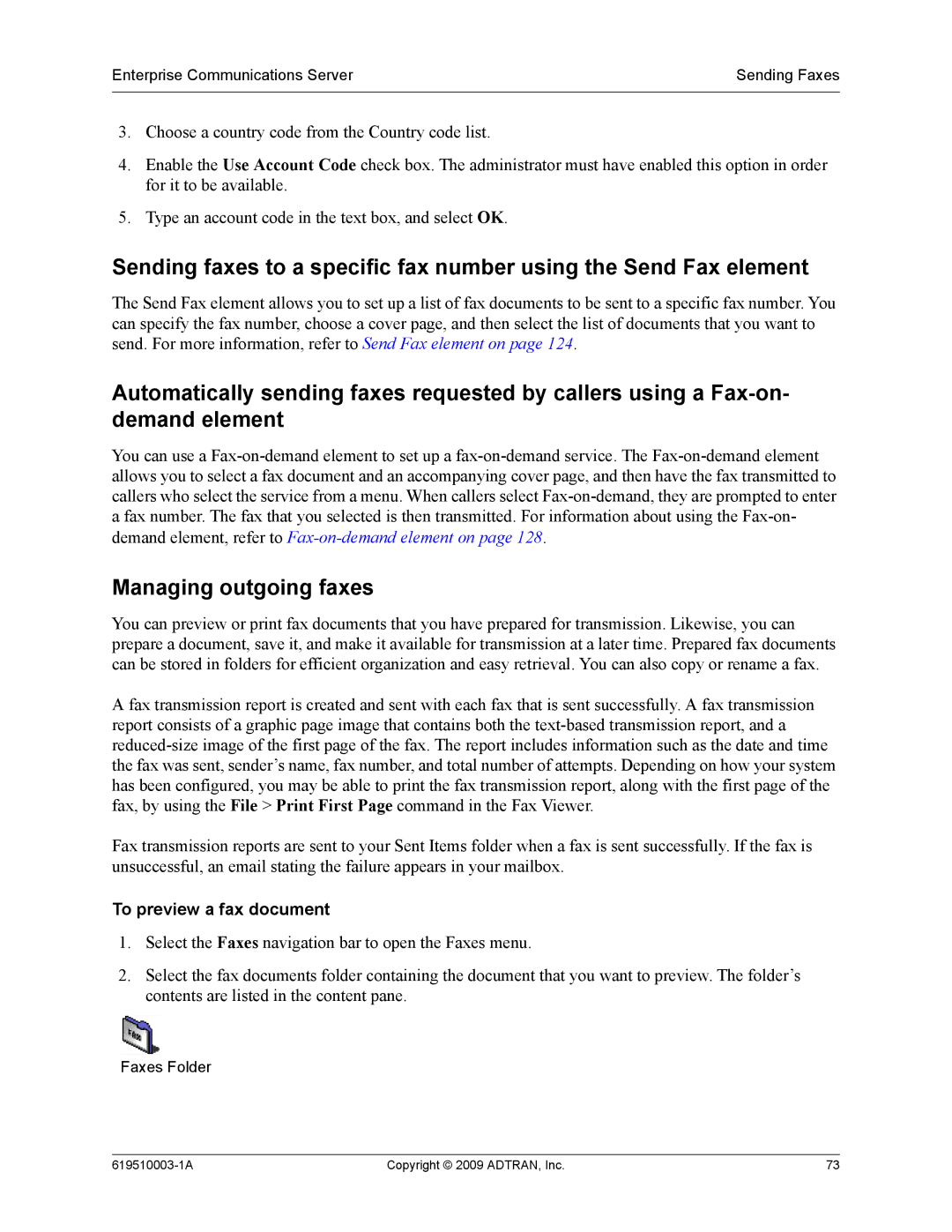 ADTRAN 619510003-1A manual Managing outgoing faxes, To preview a fax document 