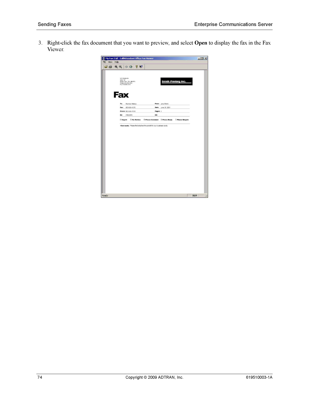 ADTRAN 619510003-1A manual Sending Faxes Enterprise Communications Server 