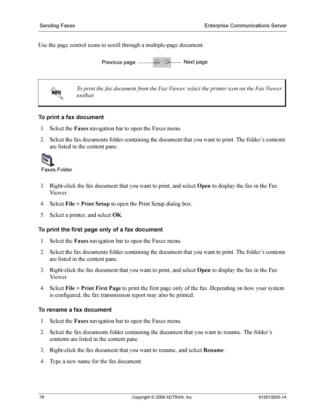 ADTRAN 619510003-1A To print a fax document, To print the first page only of a fax document, To rename a fax document 