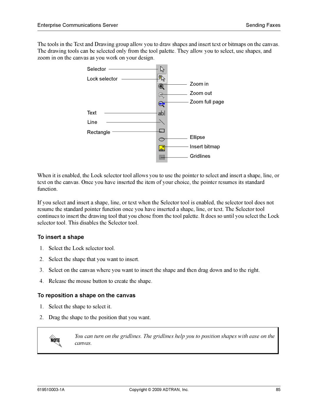 ADTRAN 619510003-1A manual To insert a shape, To reposition a shape on the canvas 