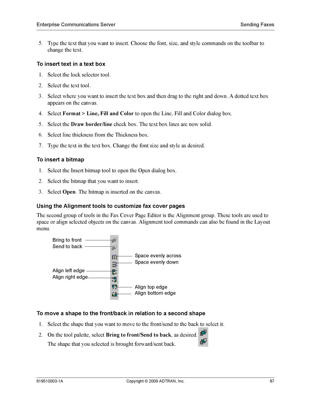 ADTRAN 619510003-1A manual To insert text in a text box, To insert a bitmap 