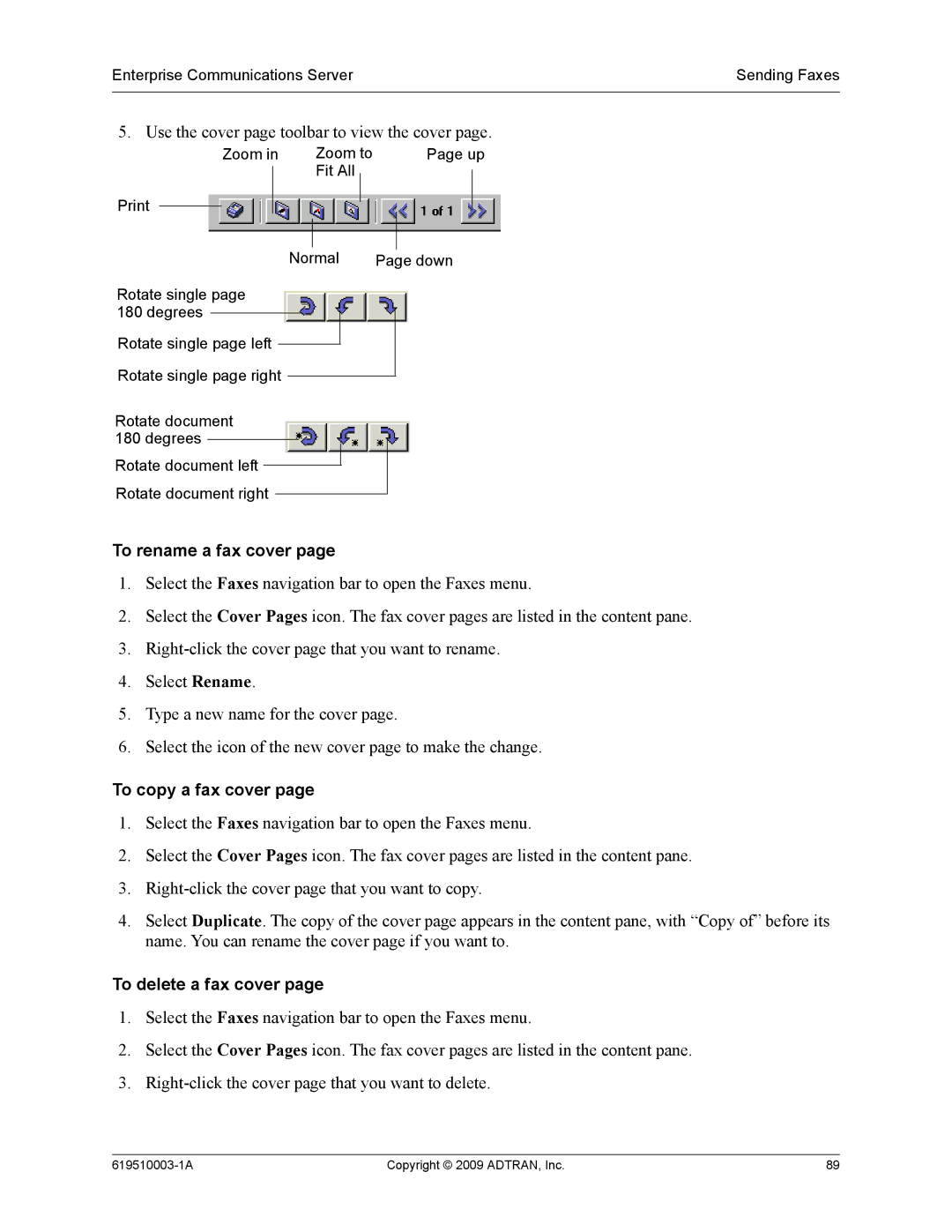 ADTRAN 619510003-1A manual To rename a fax cover, To copy a fax cover, To delete a fax cover 