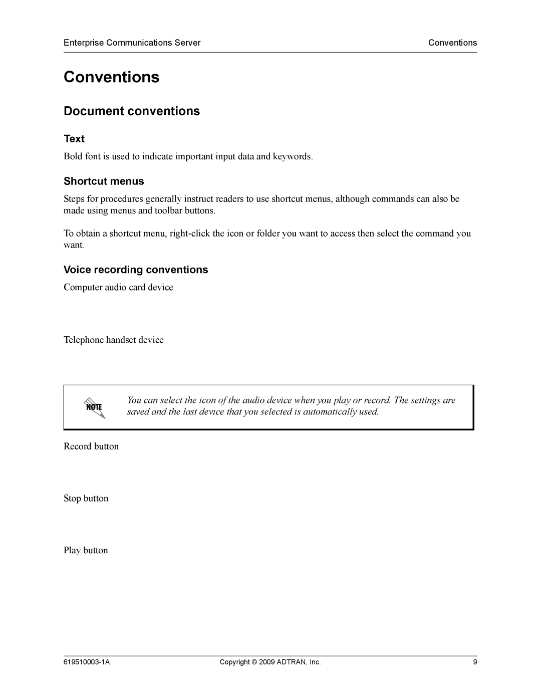 ADTRAN 619510003-1A manual Conventions, Document conventions, Text, Shortcut menus, Voice recording conventions 