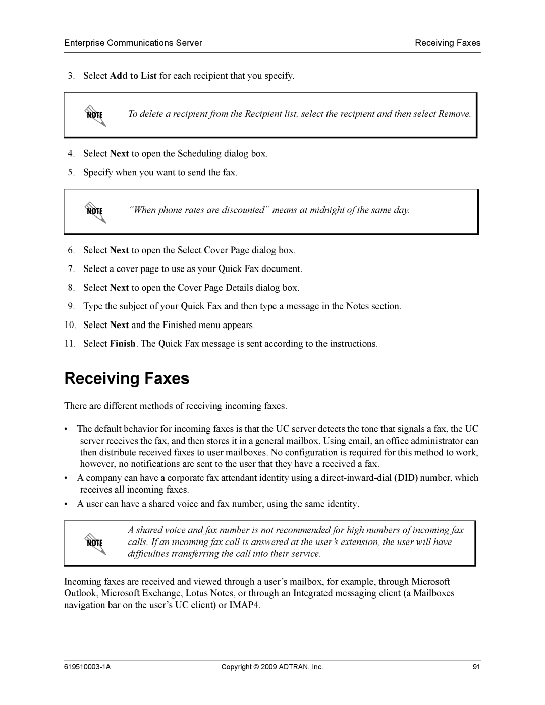 ADTRAN 619510003-1A manual Receiving Faxes 