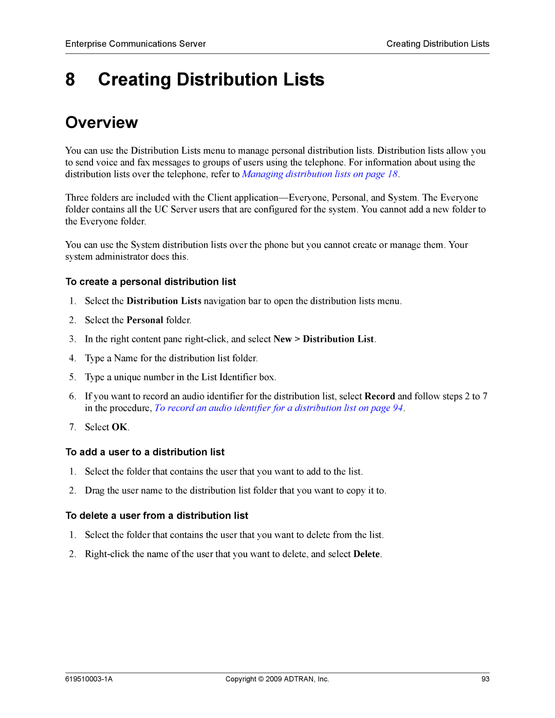 ADTRAN 619510003-1A manual Creating Distribution Lists, To create a personal distribution list 