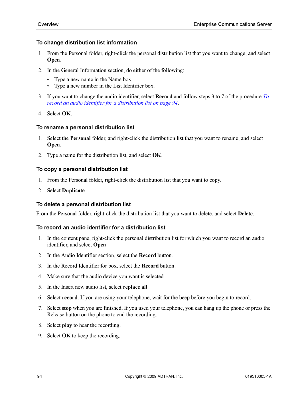 ADTRAN 619510003-1A manual To change distribution list information, To rename a personal distribution list 