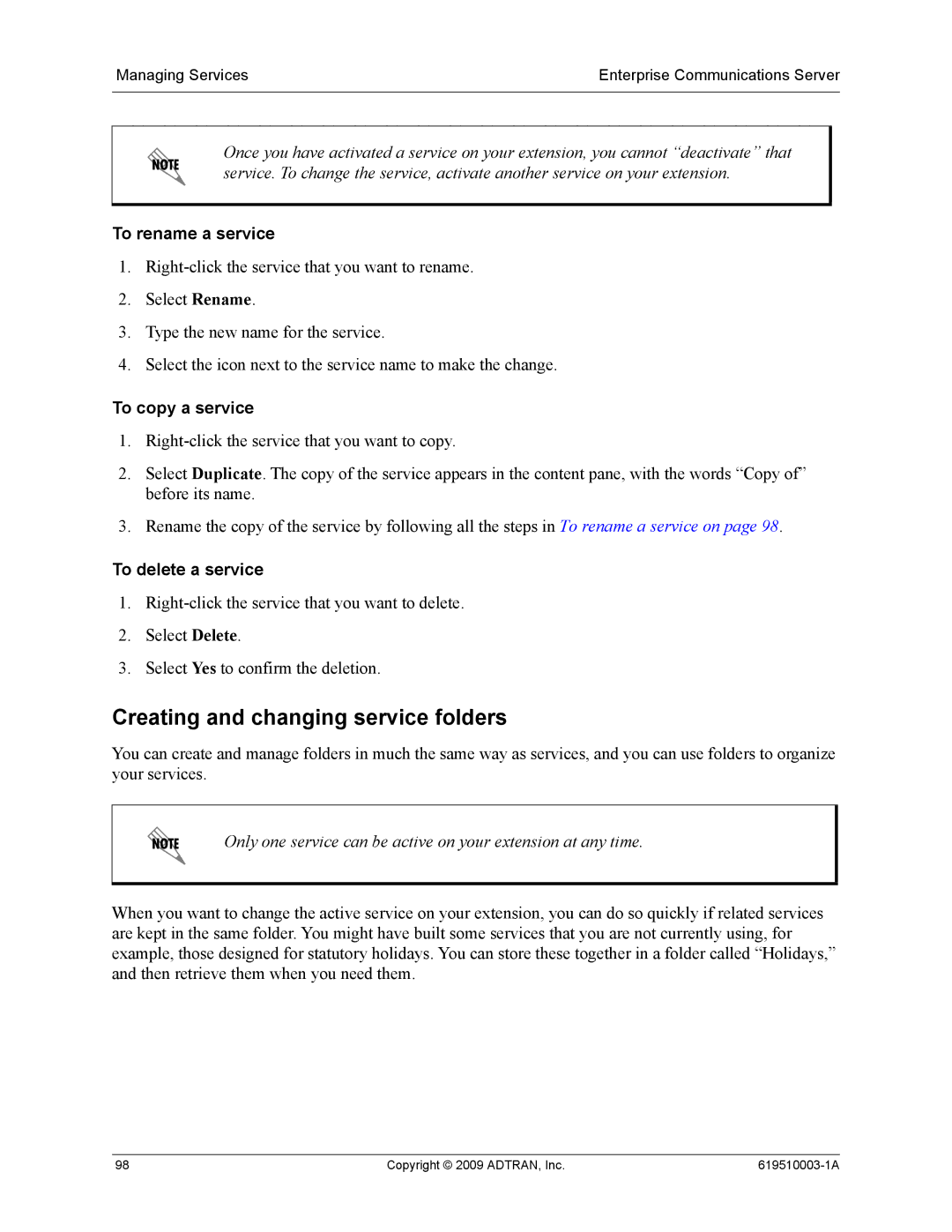 ADTRAN 619510003-1A Creating and changing service folders, To rename a service, To copy a service, To delete a service 