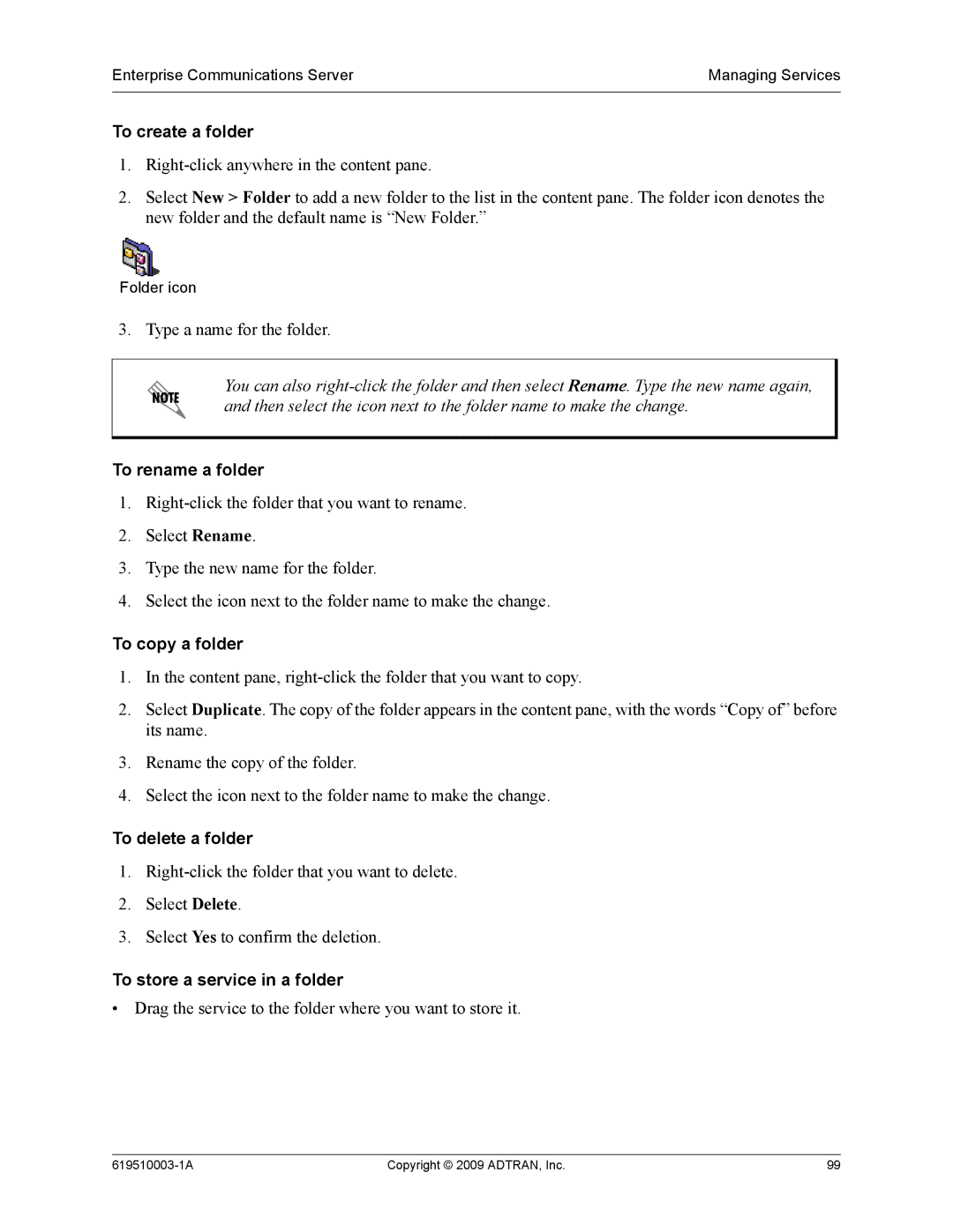 ADTRAN 619510003-1A manual To create a folder, To rename a folder, To copy a folder, To delete a folder 