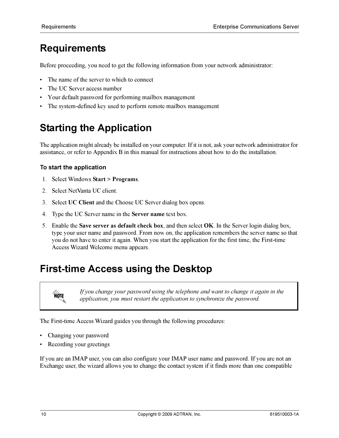 ADTRAN 619510003-1A Requirements, Starting the Application, First-time Access using the Desktop, To start the application 