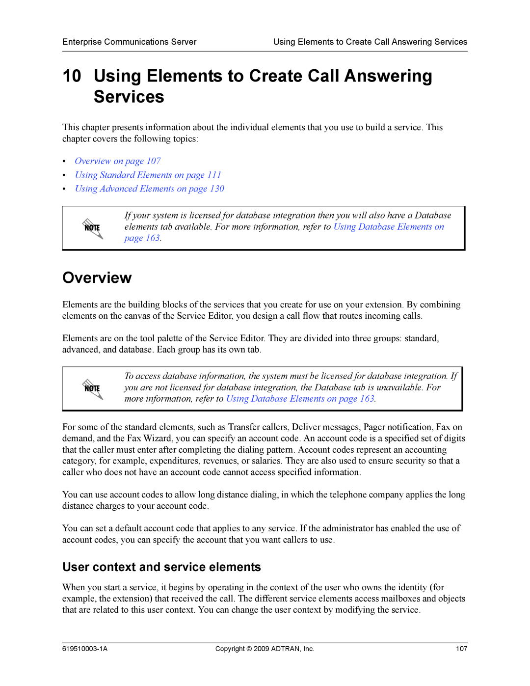 ADTRAN 619510003-1A manual Using Elements to Create Call Answering Services, User context and service elements, Overview 