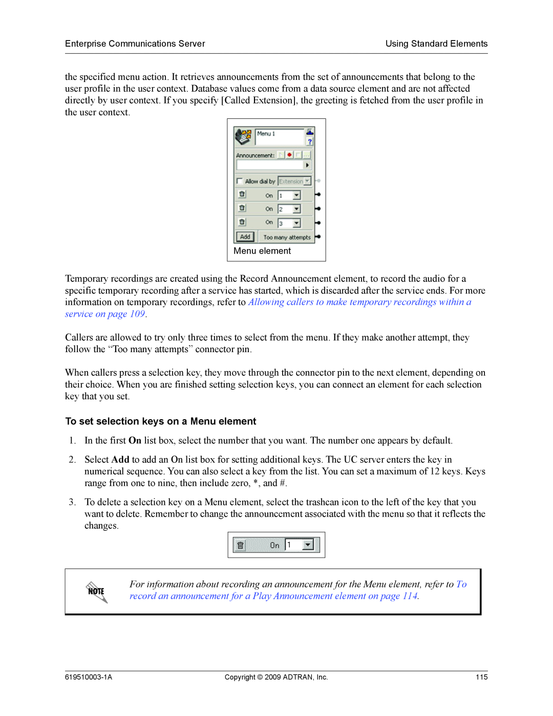 ADTRAN 619510003-1A manual To set selection keys on a Menu element 