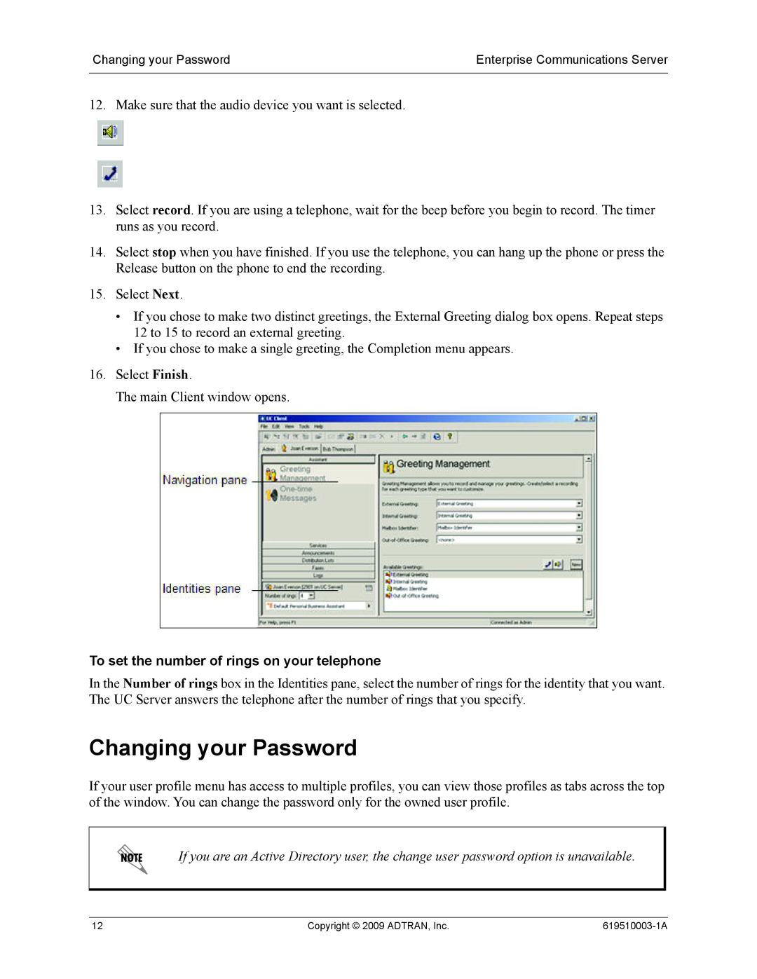 ADTRAN 619510003-1A manual Changing your Password, To set the number of rings on your telephone 