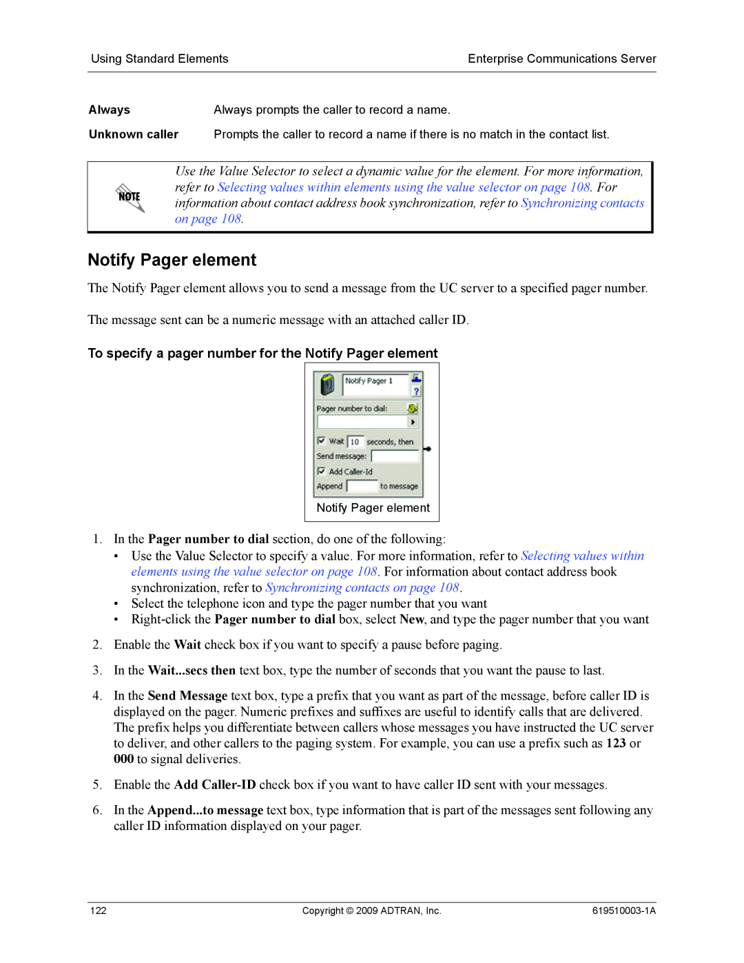 ADTRAN 619510003-1A manual To specify a pager number for the Notify Pager element 