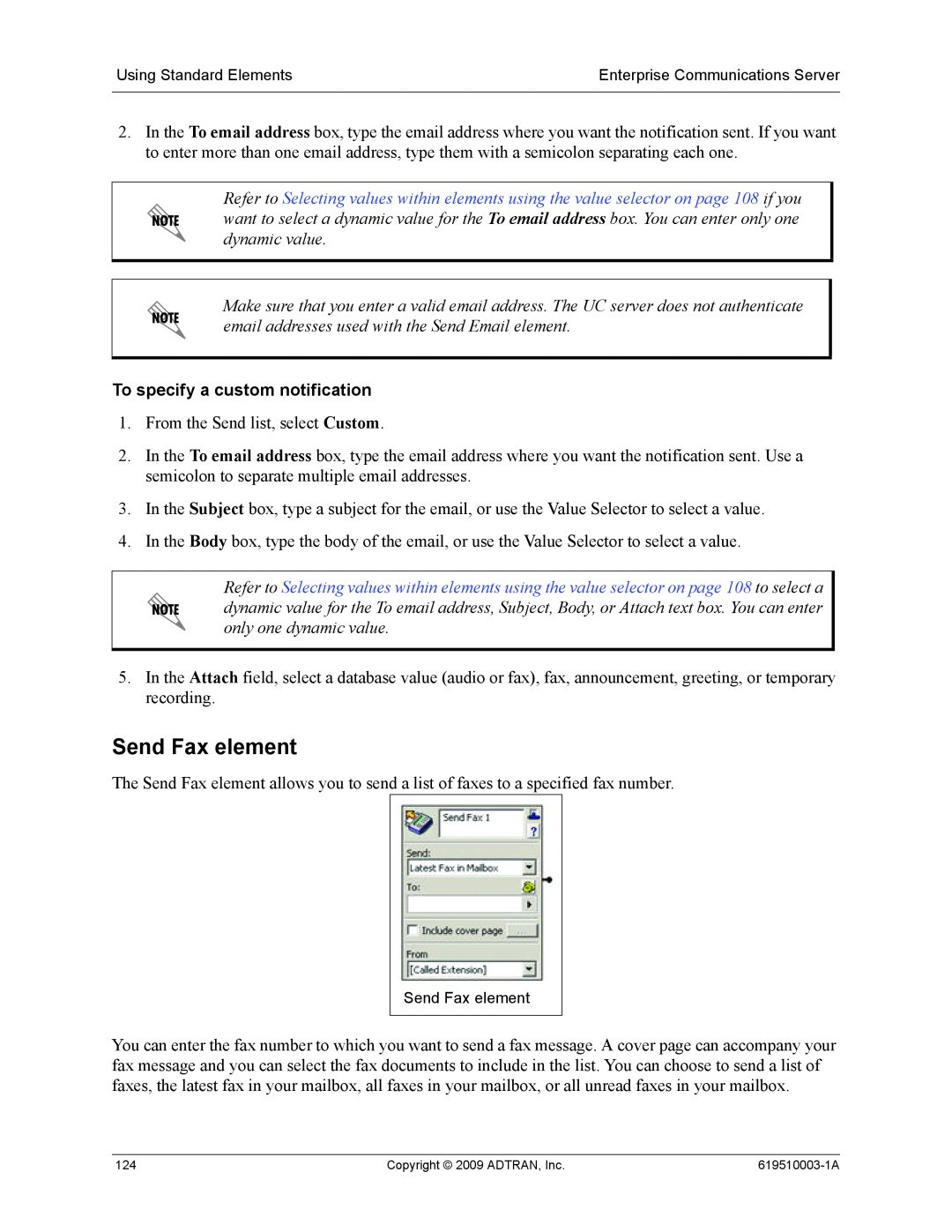 ADTRAN 619510003-1A manual Send Fax element, To specify a custom notification 