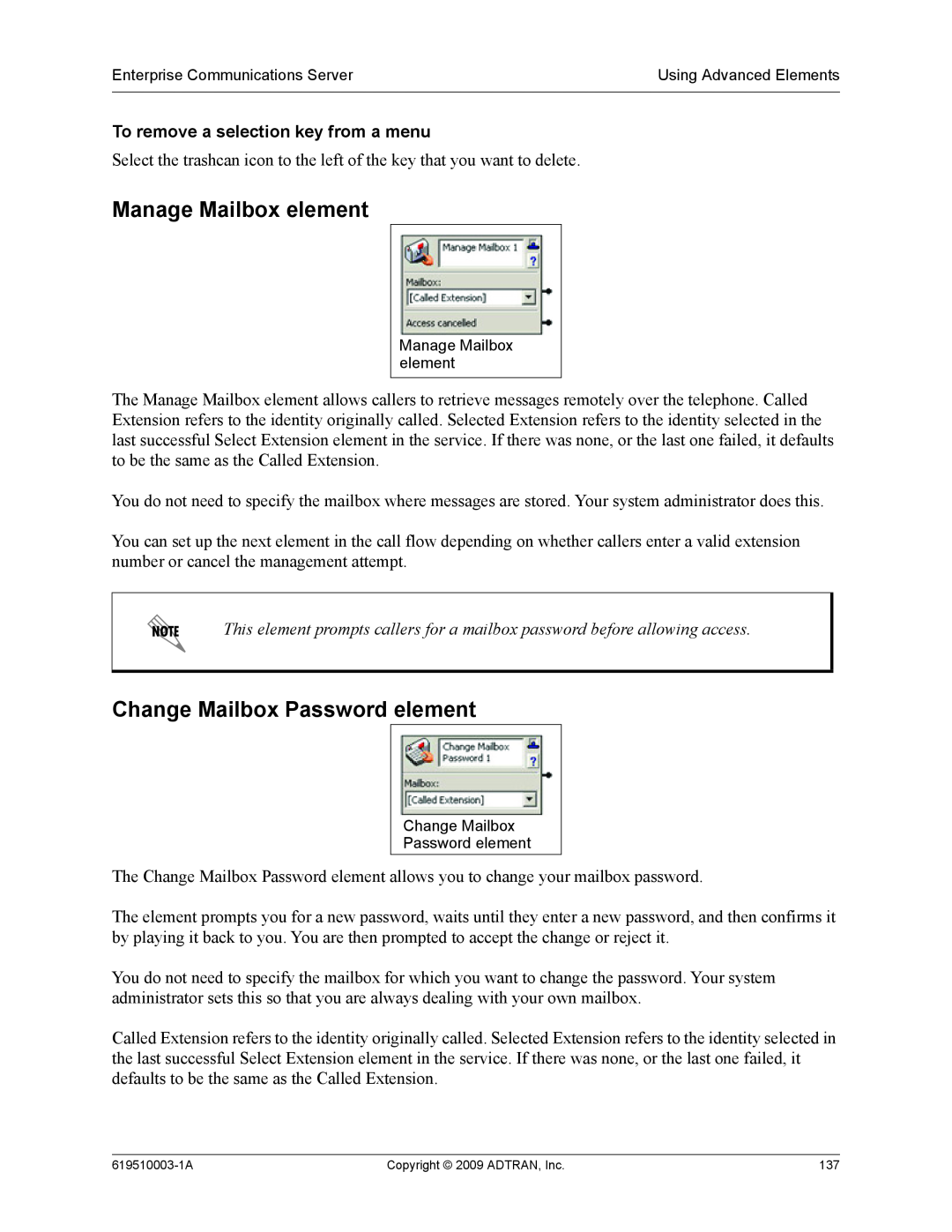 ADTRAN 619510003-1A manual Manage Mailbox element, Change Mailbox Password element, To remove a selection key from a menu 