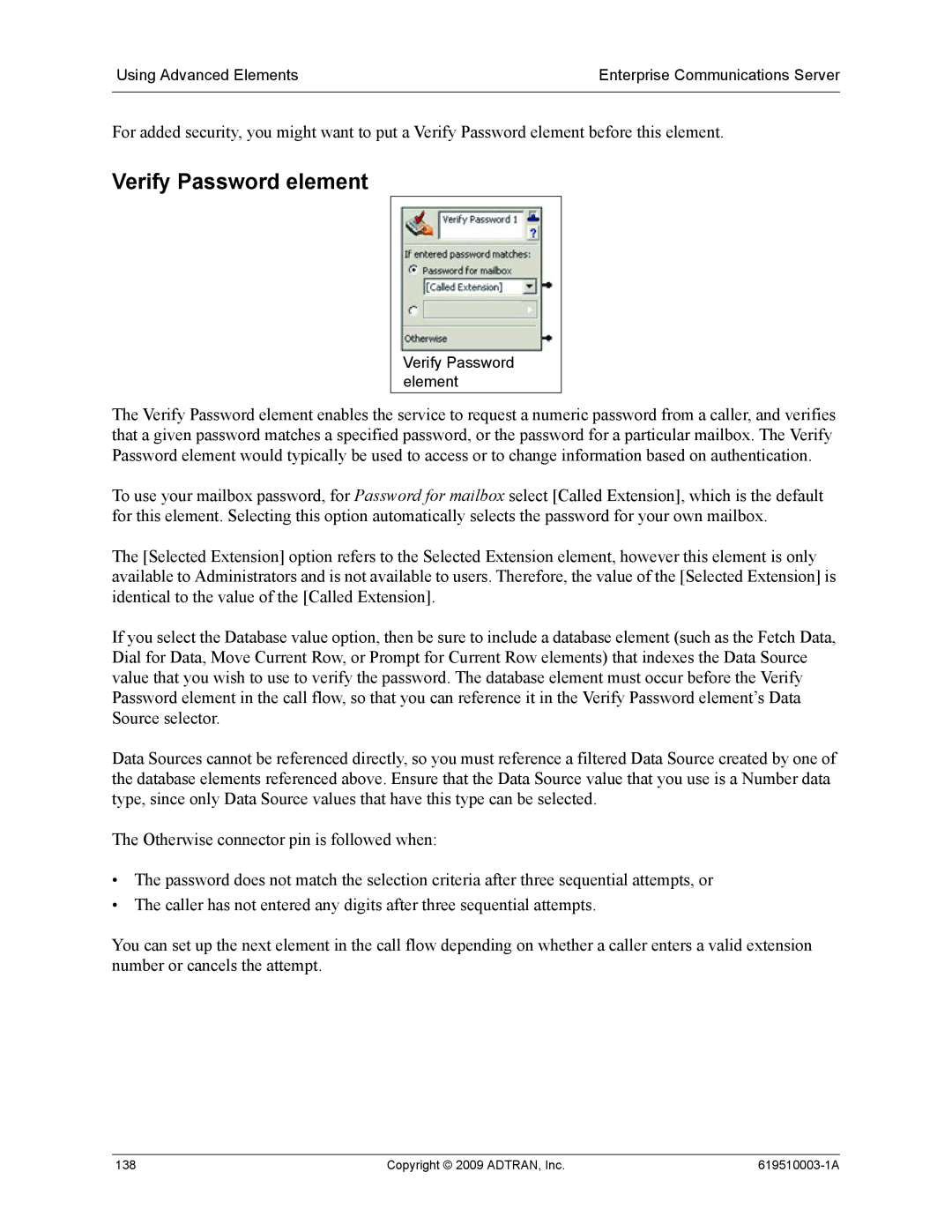 ADTRAN 619510003-1A manual Verify Password element 