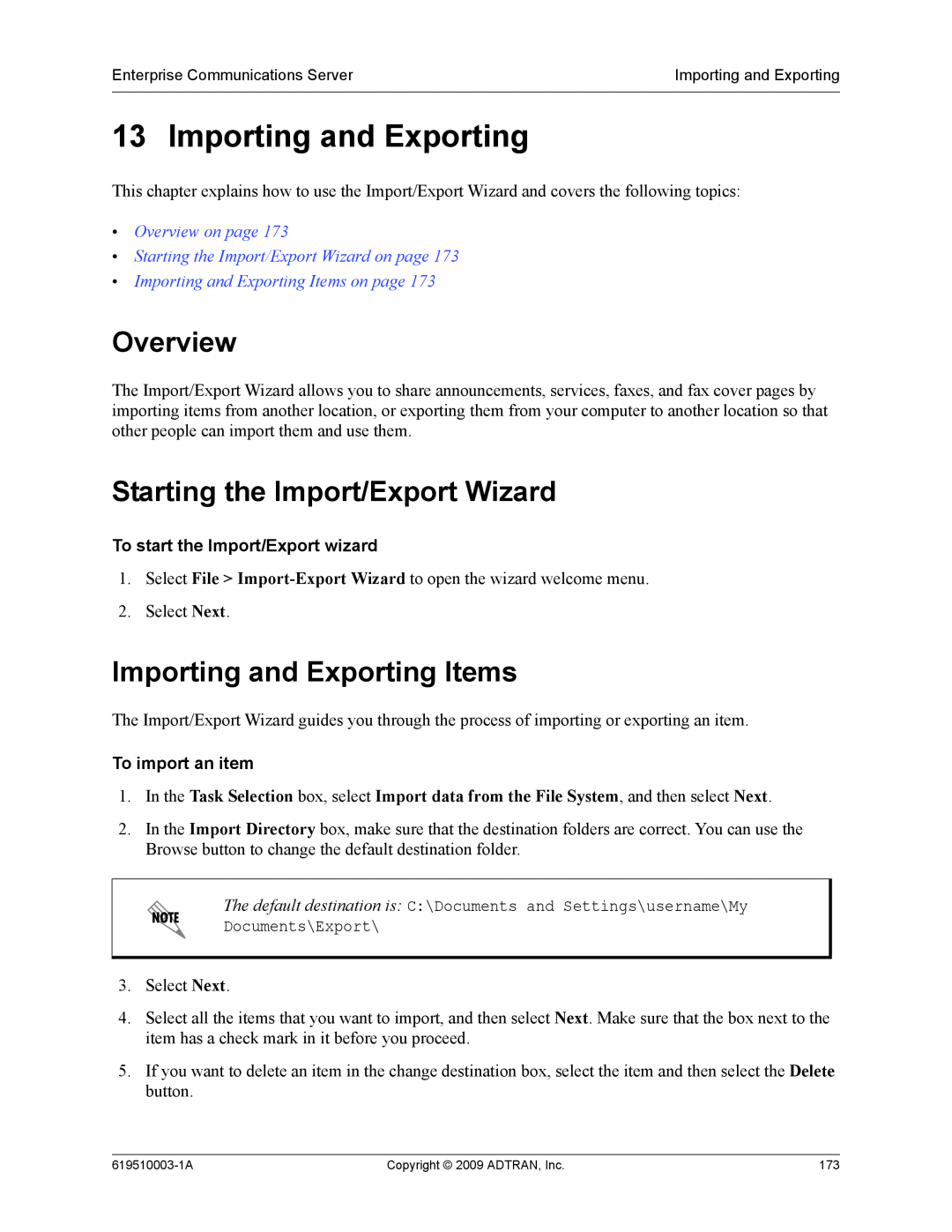 ADTRAN 619510003-1A Starting the Import/Export Wizard, Importing and Exporting Items, To import an item, Overview 