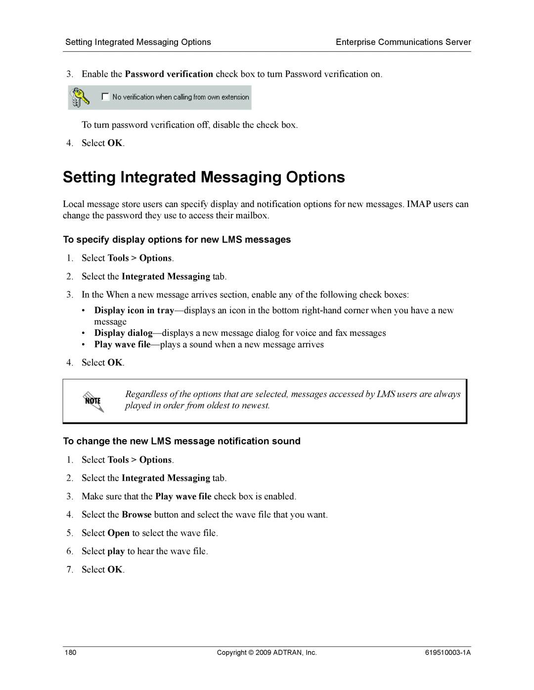 ADTRAN 619510003-1A manual Setting Integrated Messaging Options, To specify display options for new LMS messages 