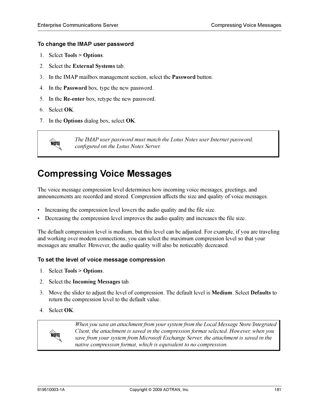 ADTRAN 619510003-1A manual Compressing Voice Messages, To change the IMAP user password 