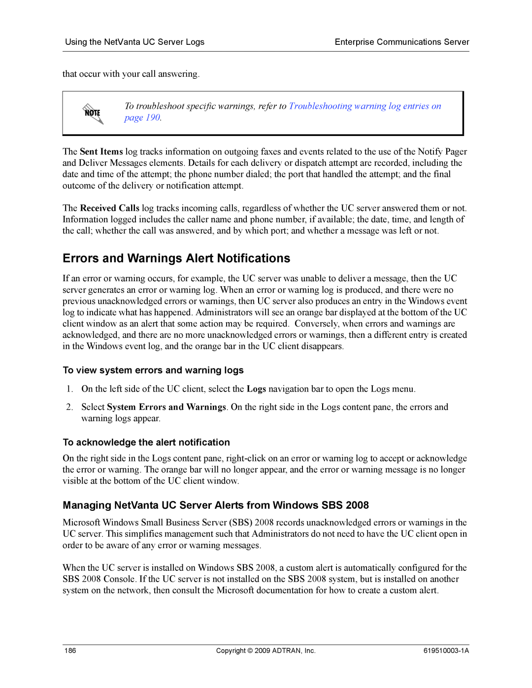 ADTRAN 619510003-1A manual Errors and Warnings Alert Notifications, Managing NetVanta UC Server Alerts from Windows SBS 