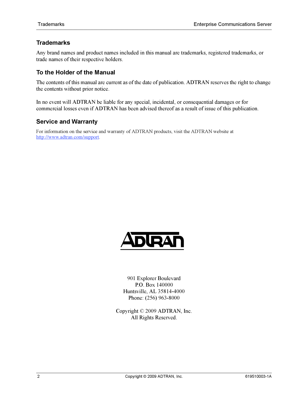 ADTRAN 619510003-1A manual Trademarks, To the Holder of the Manual, Service and Warranty 