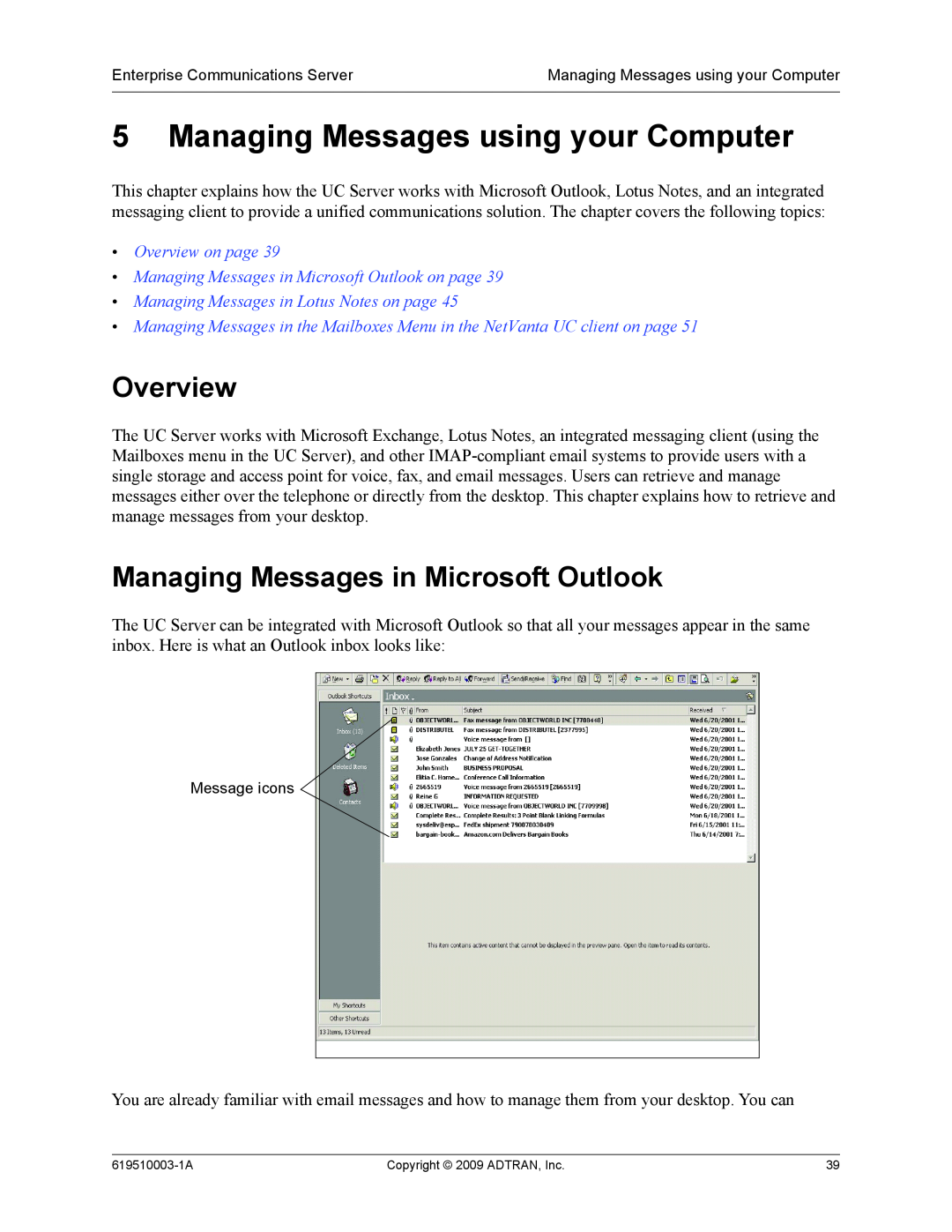 ADTRAN 619510003-1A manual Managing Messages using your Computer, Managing Messages in Microsoft Outlook, Overview 