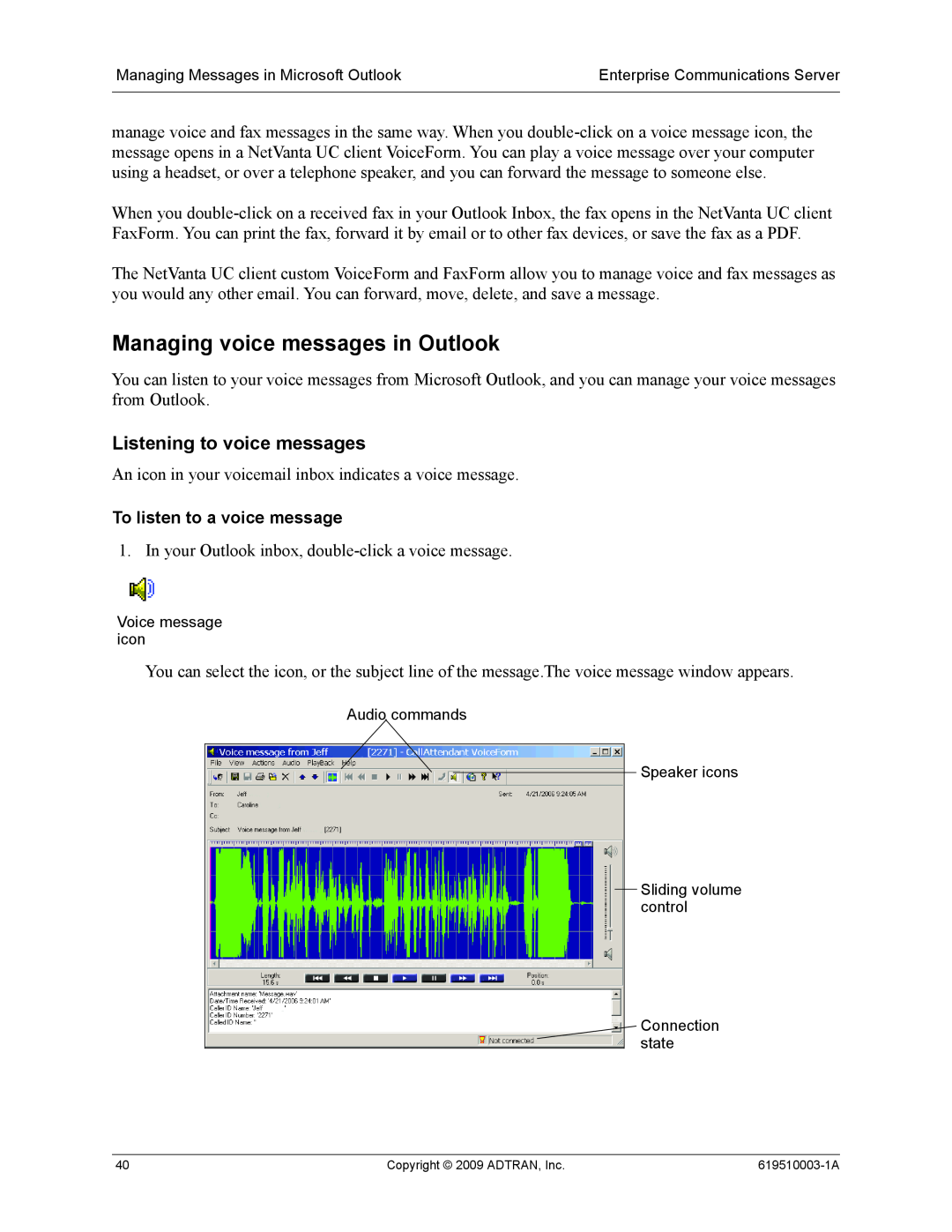 ADTRAN 619510003-1A manual Managing voice messages in Outlook, Listening to voice messages, To listen to a voice message 