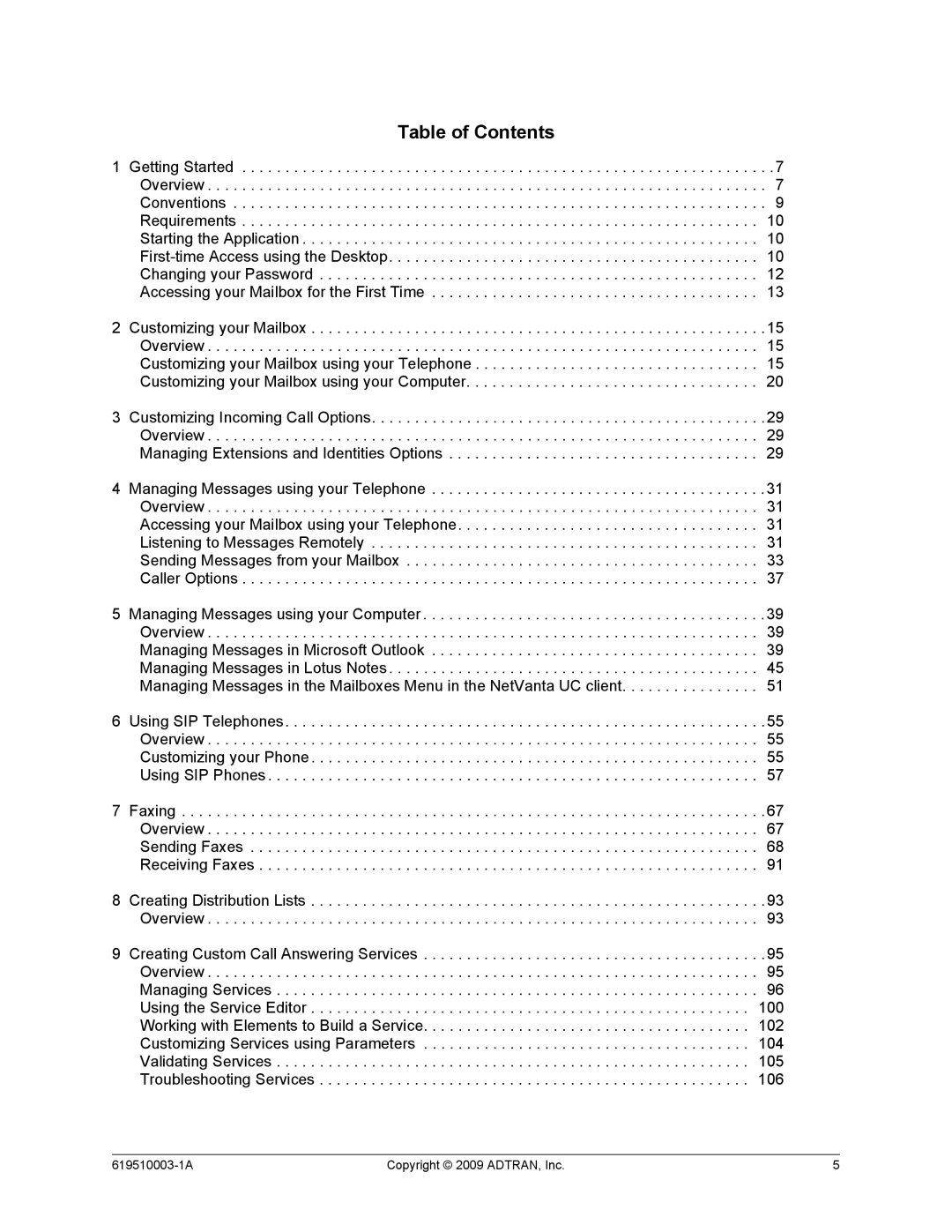 ADTRAN 619510003-1A manual Table of Contents, Customizing Incoming Call Options Overview 