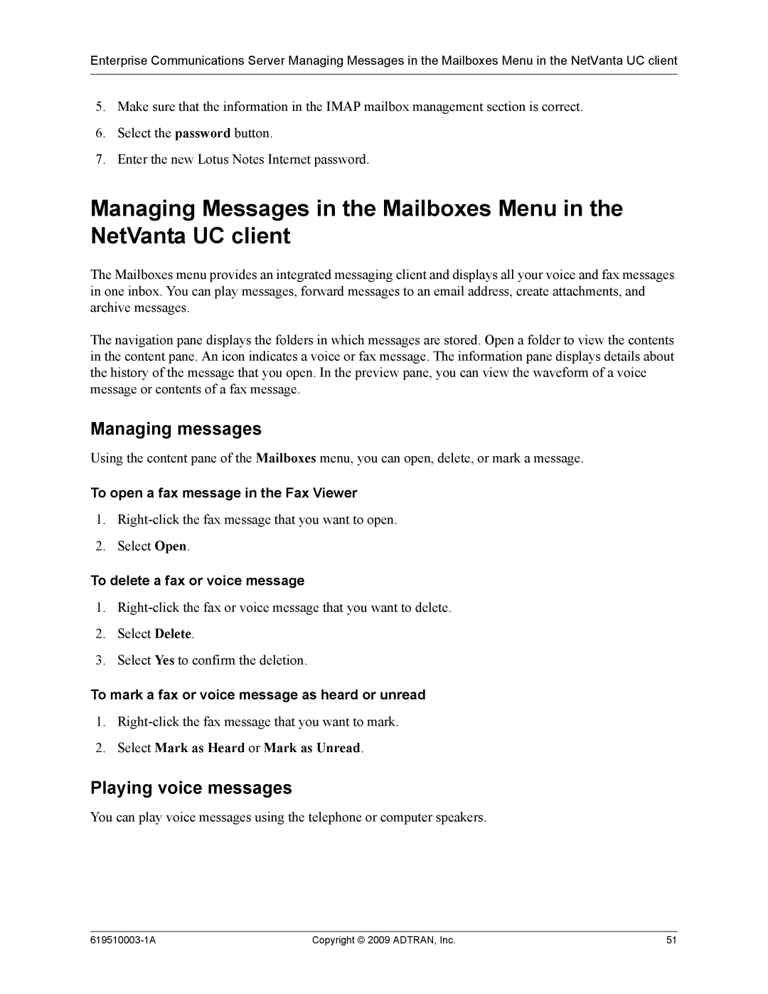 ADTRAN 619510003-1A manual Managing Messages in the Mailboxes Menu in the NetVanta UC client, Managing messages 