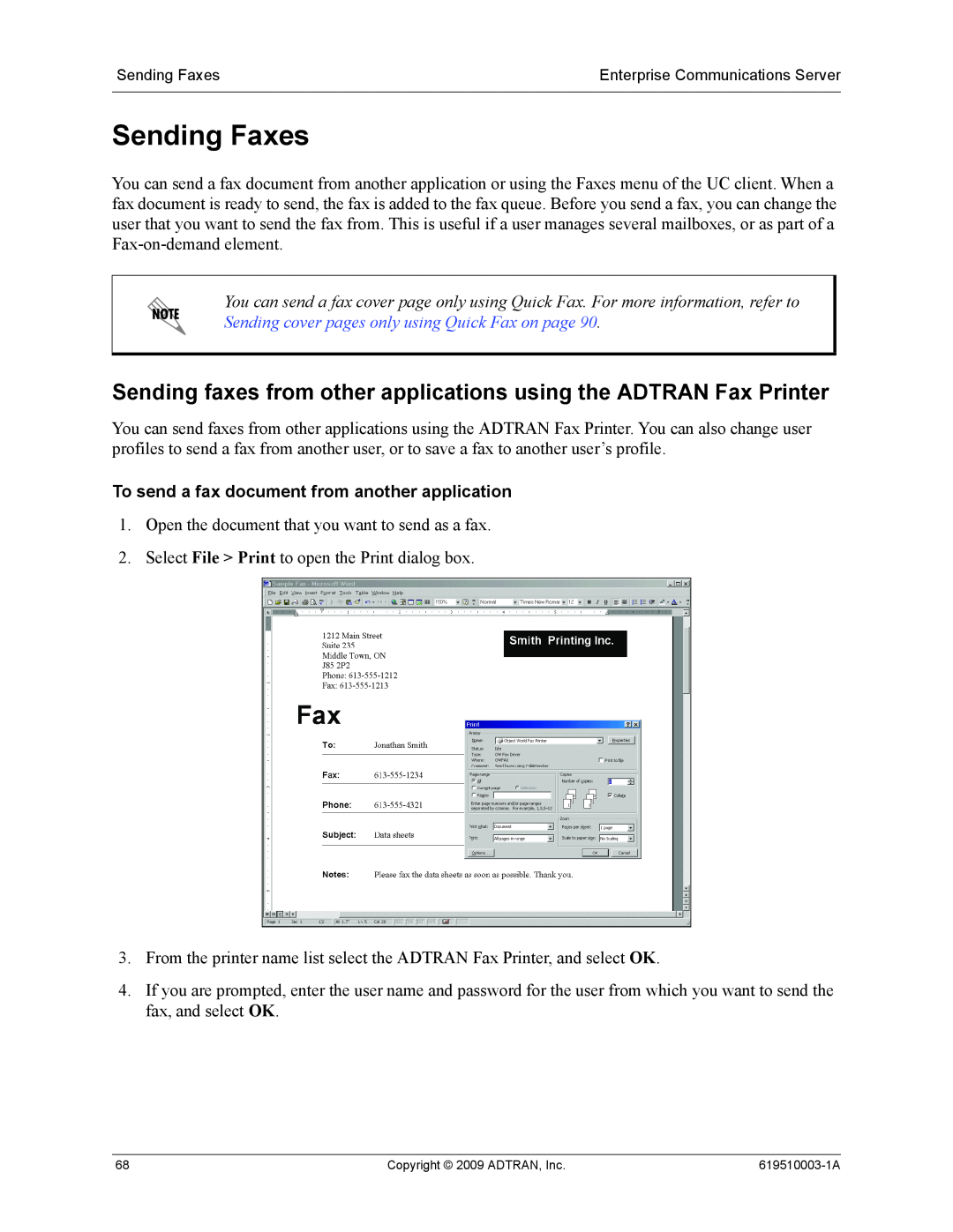 ADTRAN 619510003-1A manual Sending Faxes, Sending faxes from other applications using the ADTRAN Fax Printer 