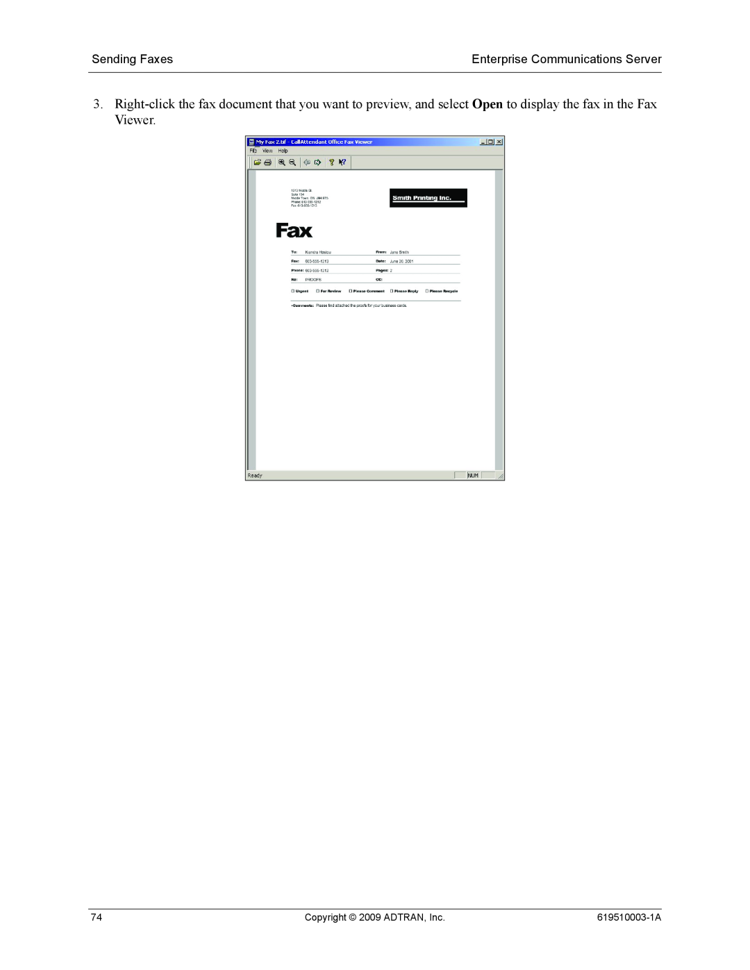 ADTRAN 619510003-1A manual Sending Faxes, Enterprise Communications Server, Copyright 2009 ADTRAN, Inc 