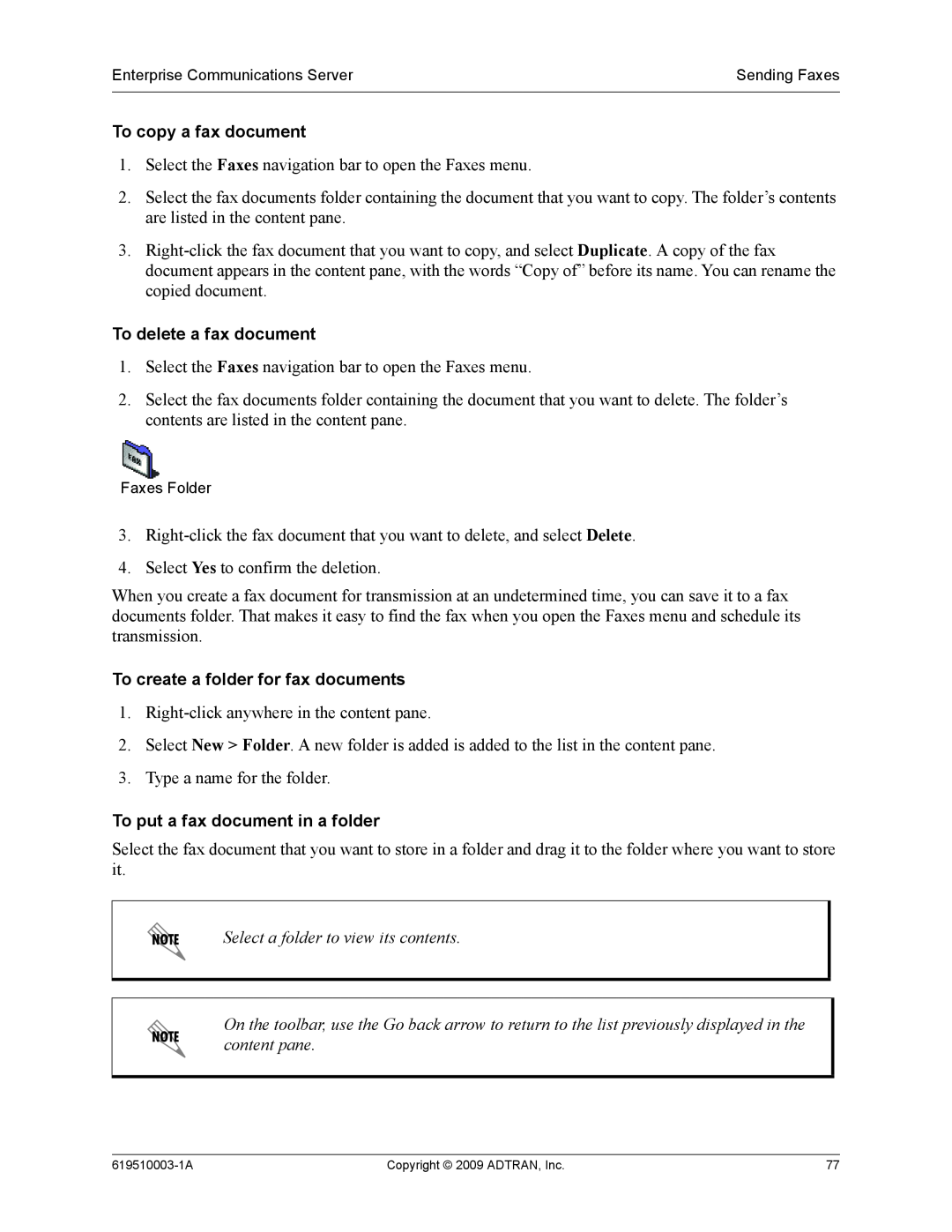 ADTRAN 619510003-1A manual To copy a fax document, To delete a fax document, To create a folder for fax documents 