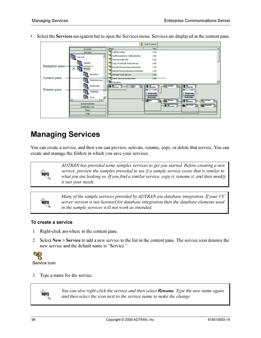 ADTRAN 619510003-1A manual Managing Services, To create a service 