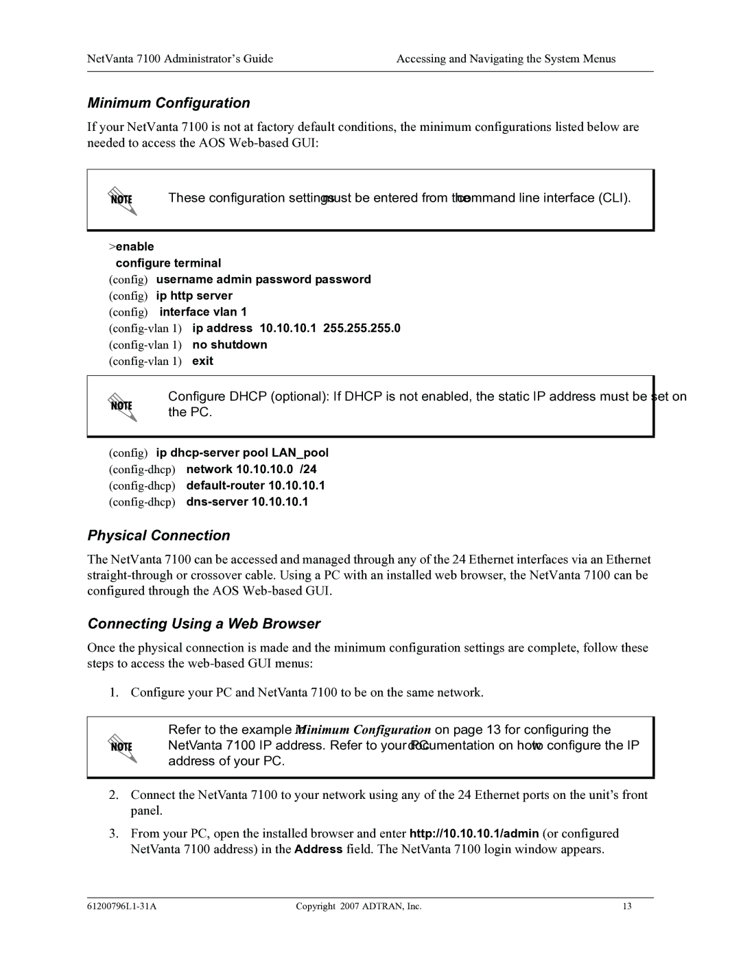 ADTRAN 7100 manual Minimum Configuration, Physical Connection, Connecting Using a Web Browser 