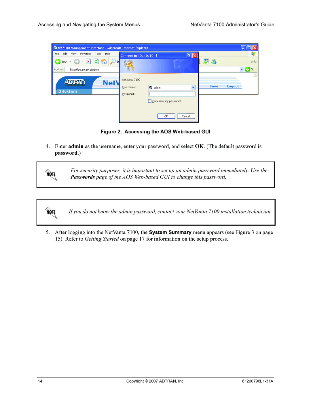 ADTRAN 7100 manual Accessing the AOS Web-based GUI 