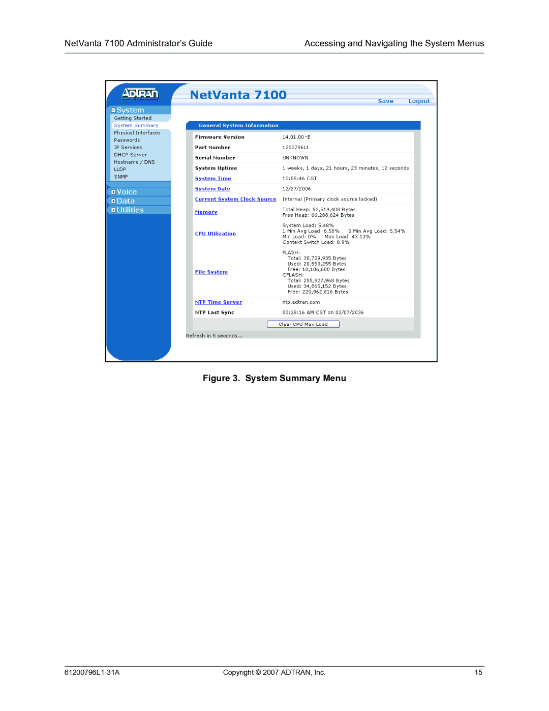 ADTRAN 7100 manual System Summary Menu 