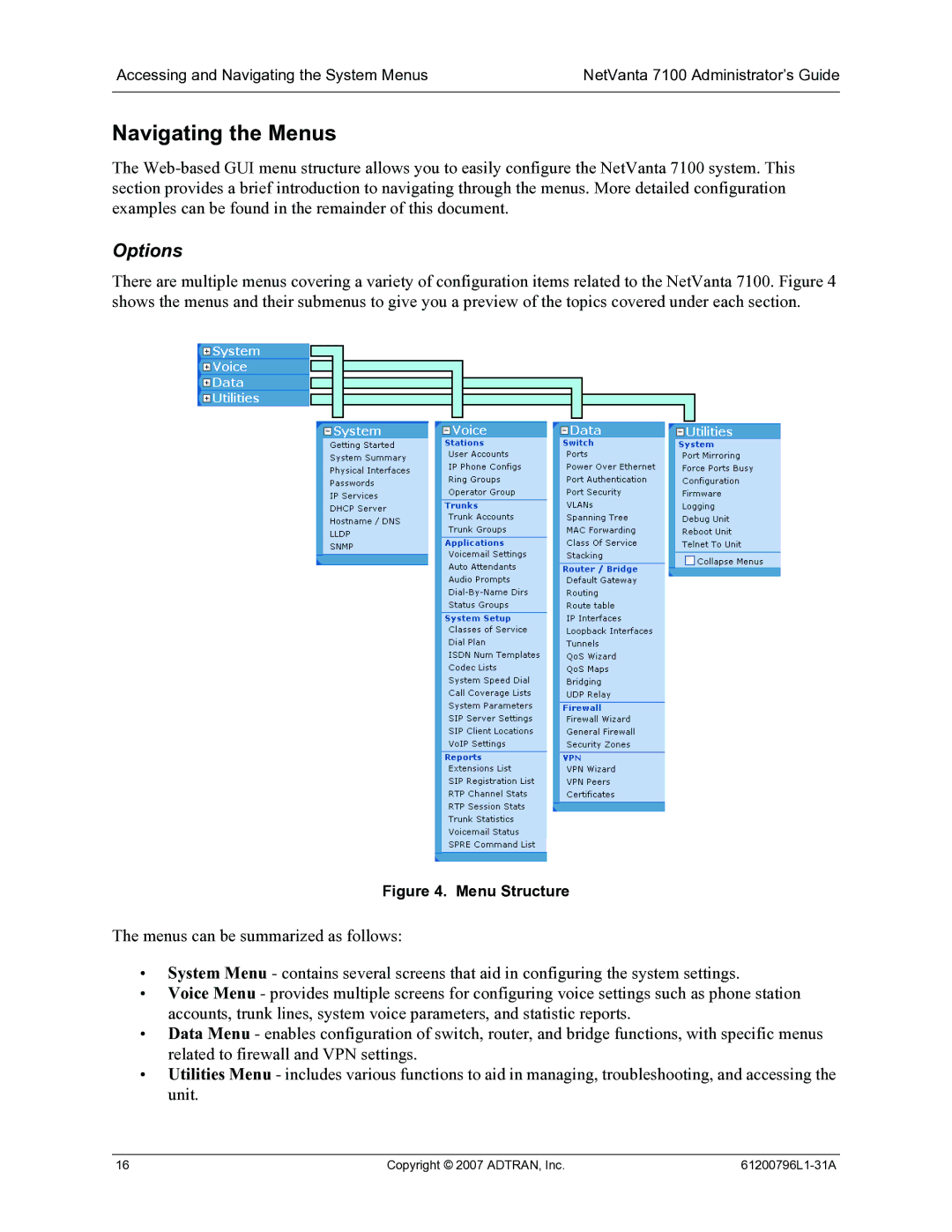 ADTRAN 7100 manual Navigating the Menus, Options 