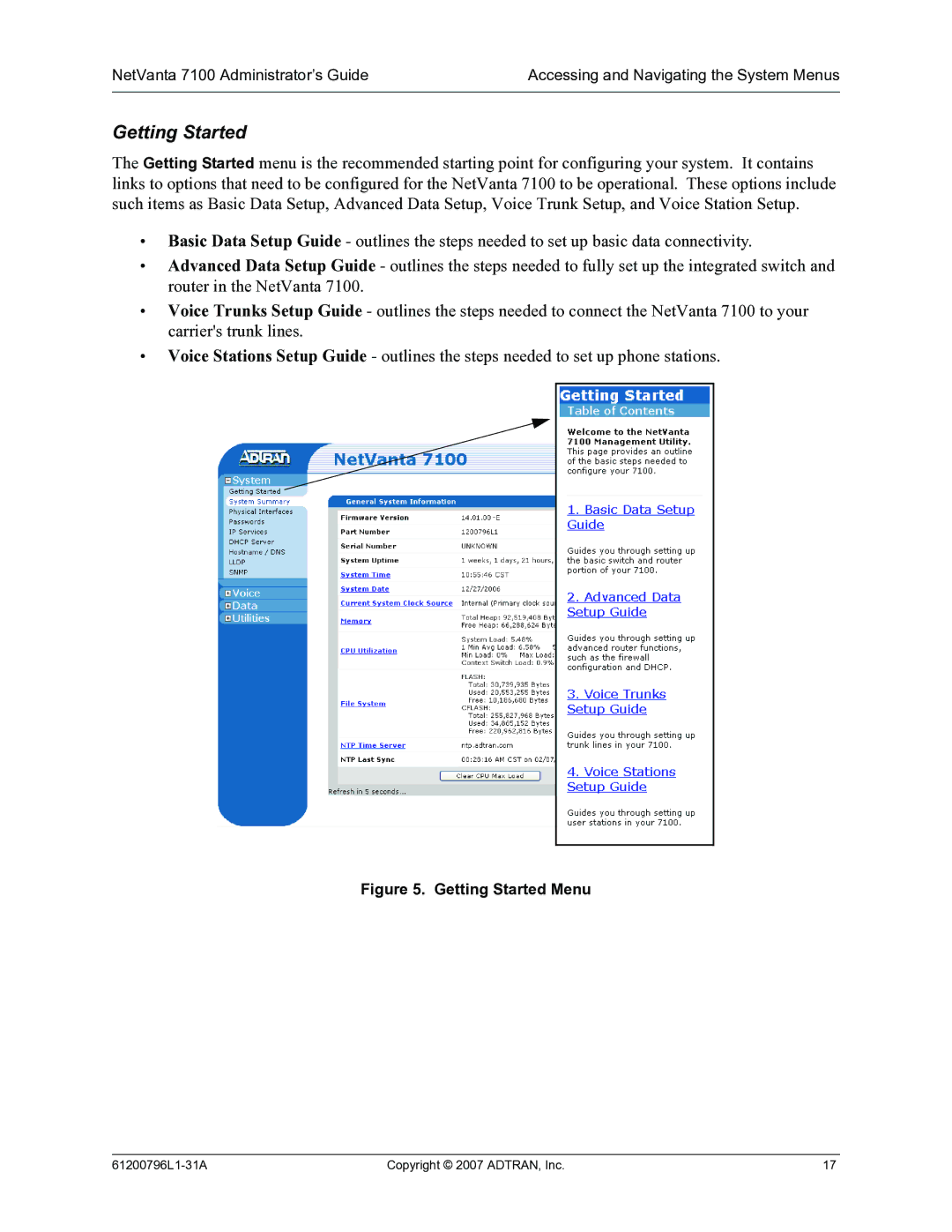 ADTRAN 7100 manual Getting Started Menu 